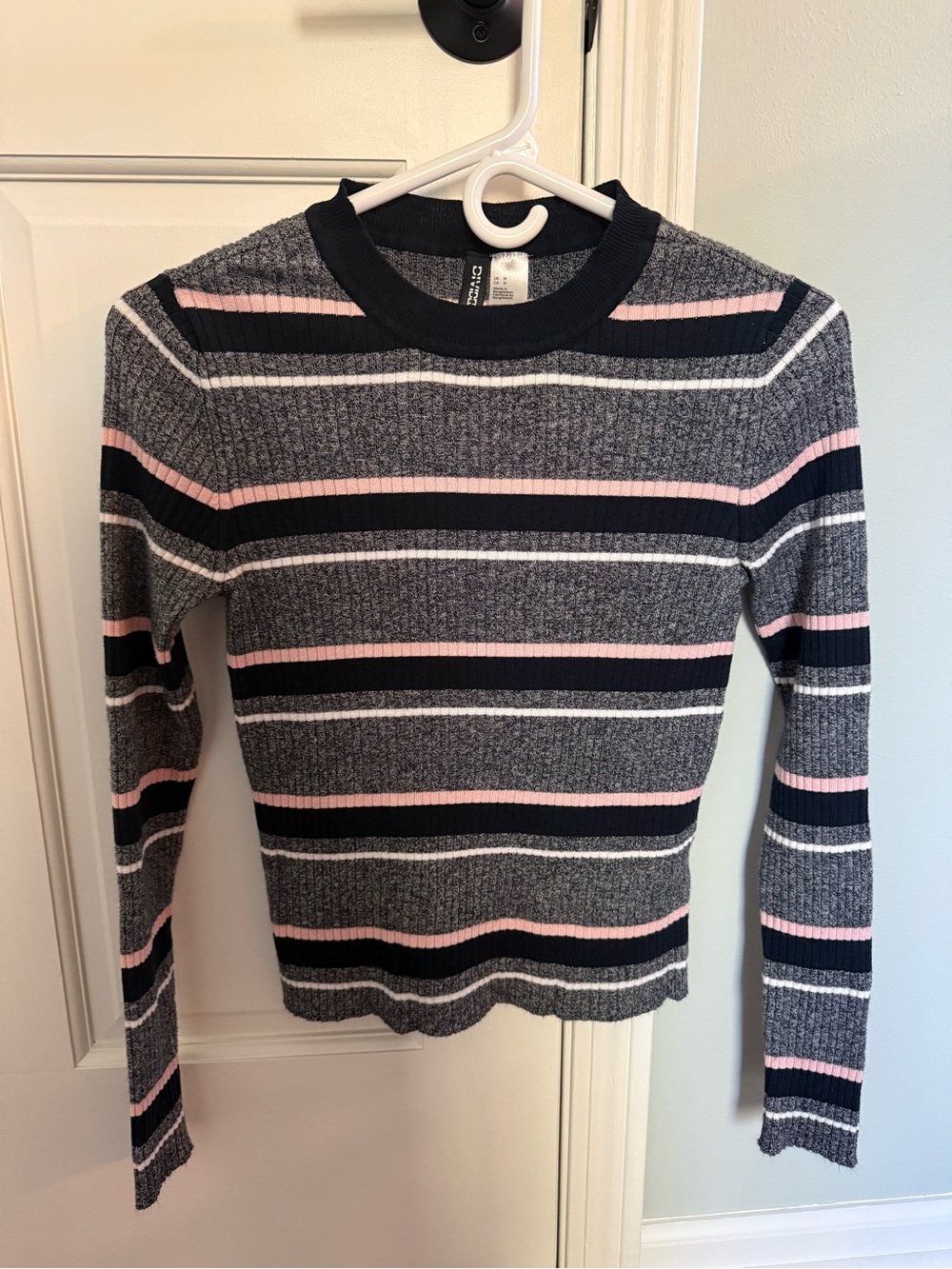 Divided Ribbed Stripe Sweater in Pink, Black & Gray